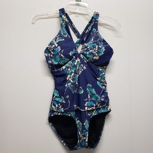 ATHENA One Piece Swimsuit XS Navy Floral Prints Colorful Boho Tropical Cruise